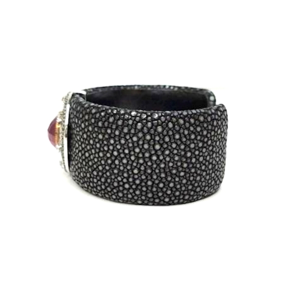 Sterling Silver Pink Sapphire & White Topaz Shagreen Cuff Bracelet - Picture 3 of 6